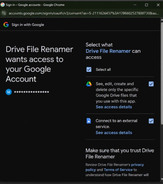 Google permission screen listing the exact Drive File Renamer scopes: Drive files you use with this app, and the external billing service