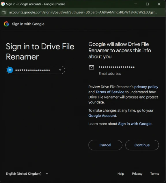 Google sign-in confirmation screen for Drive File Renamer showing the email address it will access