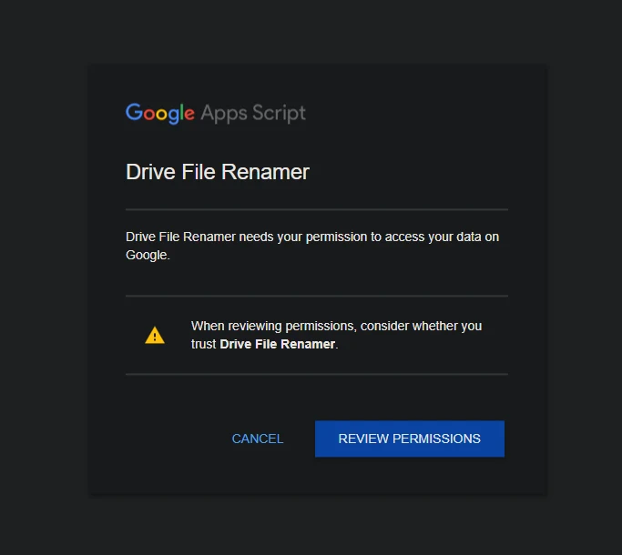 Google Apps Script permission popup for Drive File Renamer with the Review permissions button