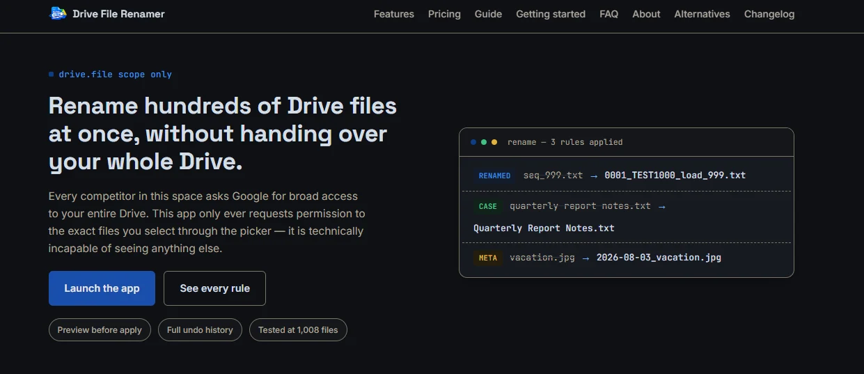 Drive File Renamer homepage with the Launch the app button highlighted under the headline